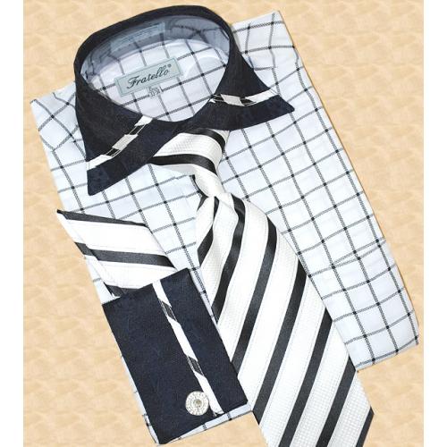 Fratello White/Black Windowpane Shirt/Tie/Hanky Set DS3723P2